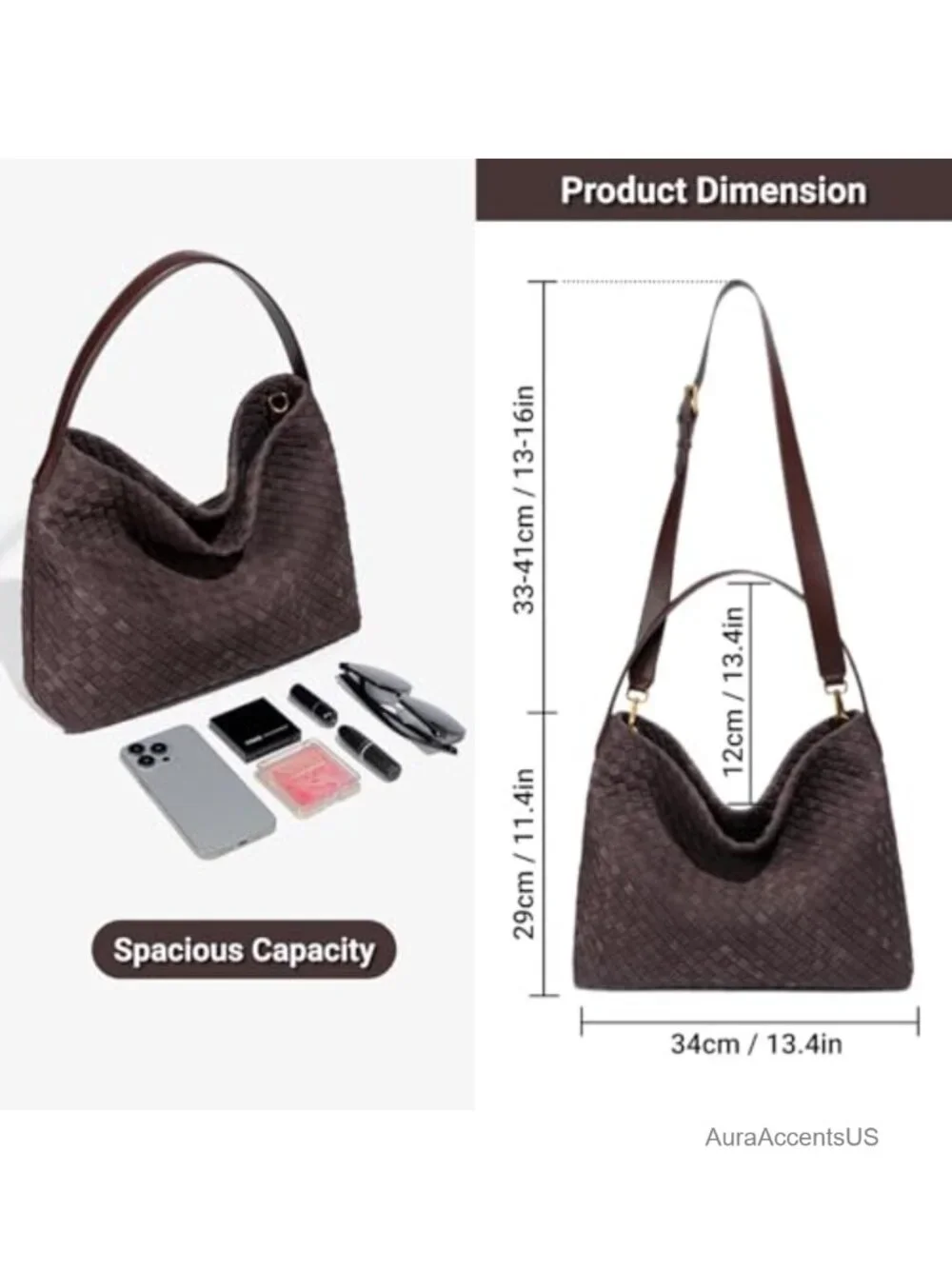 Woven Suede Hobo Bag Slouchy Shoulder Tote Crossbody Strap Work Travel